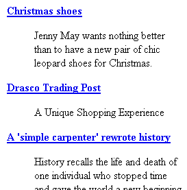 The link to an ad for 'Drasco Trading Post,' calling itself 'A Unique Shopping Experience,' has the exact same styling as the headlines and abstracts for two news stories it appears between.