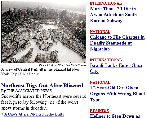 Screenshot of nytimes.com's content area, approximately 8:30 p.m. EST, Feb. 18, 2003: A strongly horizontal photo of snow in Central Park is in the wide left column, with headlines below the photo and at the top of the narrower right column.