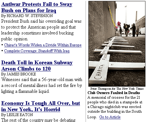 Screenshot of nytimes.com's content area, approximately 10:30 p.m. EST, Feb. 18, 2003: Lead stories are in a wide left column, with a strongly vertical photo in a narrower right column.
